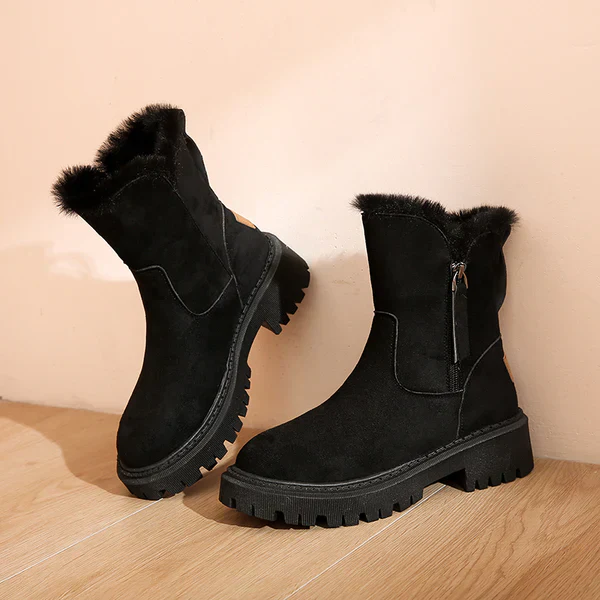 Women's Ankle Boots - Suede With Fur Lining - Sturdy Sole - Zipper Closure - Comfort Fit - Image 3