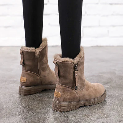 Women's Ankle Boots - Suede With Fur Lining - Sturdy Sole - Zipper Closure - Comfort Fit - Image 4