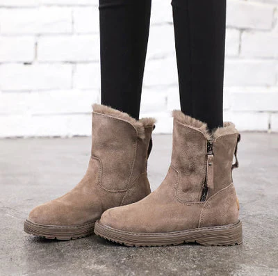 Women's Ankle Boots - Suede With Fur Lining - Sturdy Sole - Zipper Closure - Comfort Fit - Image 5