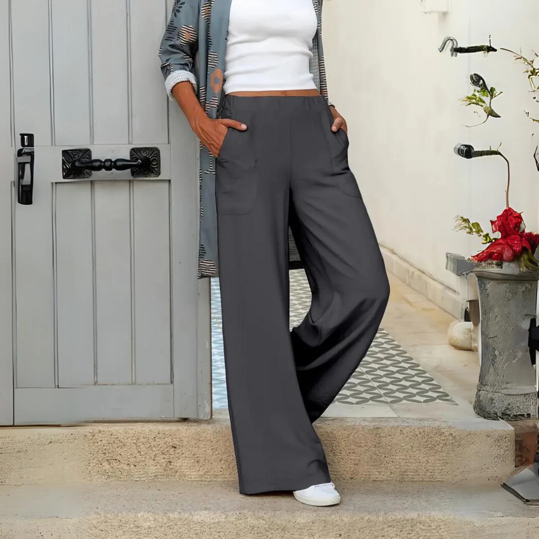 Ladies Pants - Wide Legs - High Waist - Elastic Band - With Side Pockets - Image 3