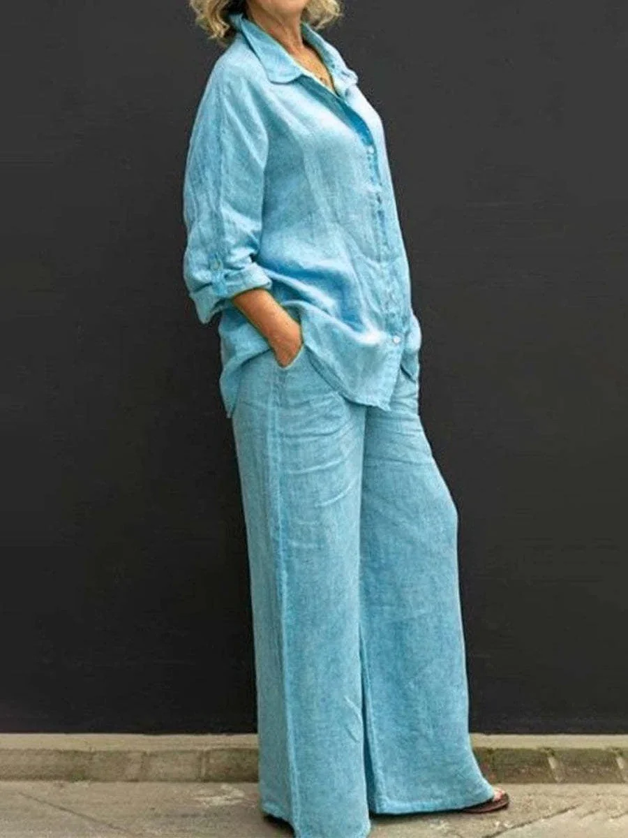 Women's Set - Linen Blouse and Wide Pants - Breathable - Casual Comfort Fit - Image 3