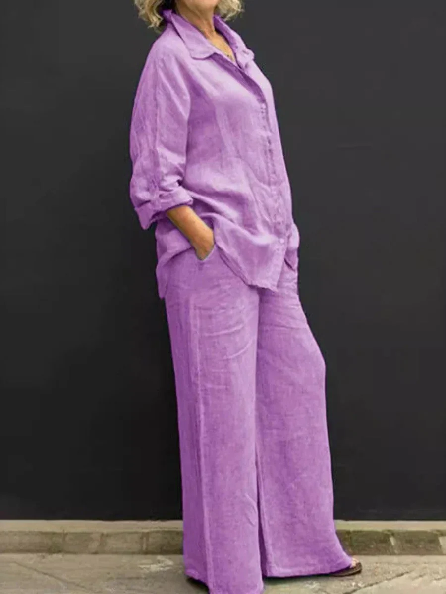 Women's Set - Linen Blouse and Wide Pants - Breathable - Casual Comfort Fit - Image 5