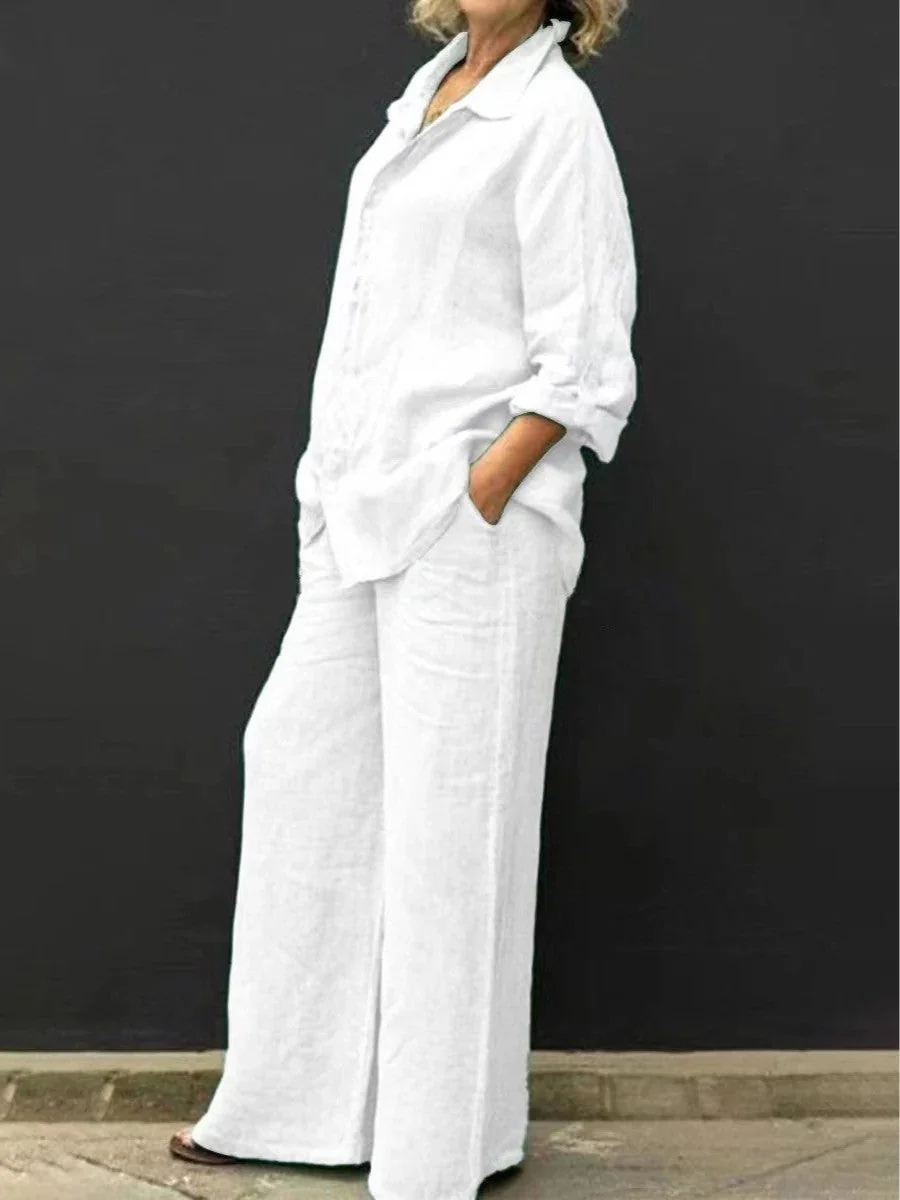 Women's Set - Linen Blouse and Wide Pants - Breathable - Casual Comfort Fit - Image 9