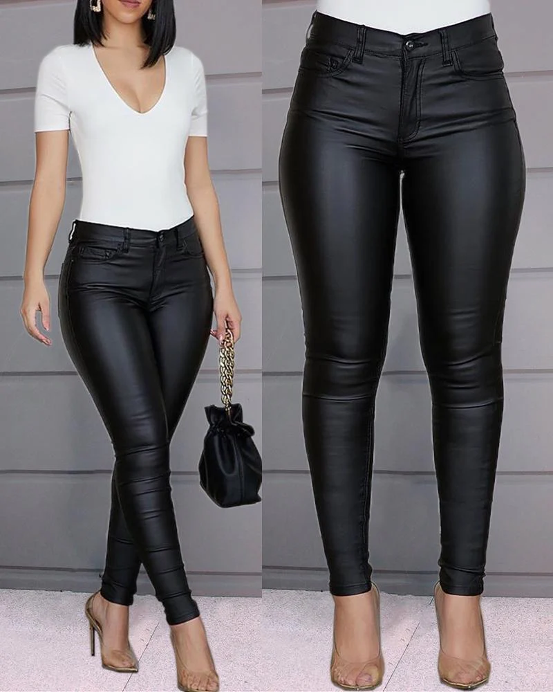 Ladies Skinny Jeans - Coated Look - High Waist - Stretch Slim Fit - Full Length - Image 12