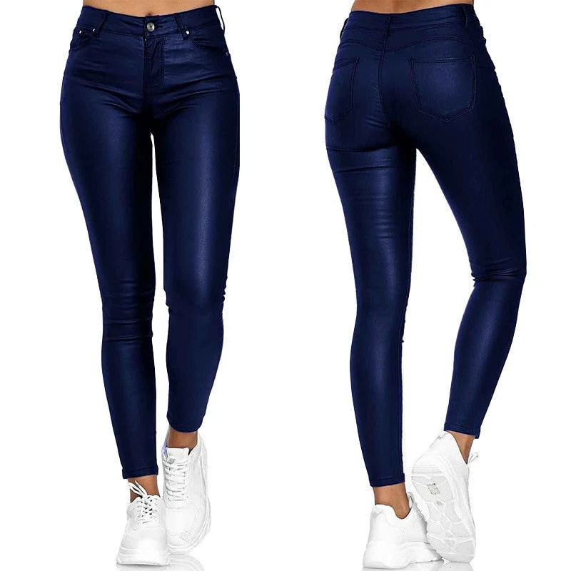 Ladies Skinny Jeans - Coated Look - High Waist - Stretch Slim Fit - Full Length - Image 2