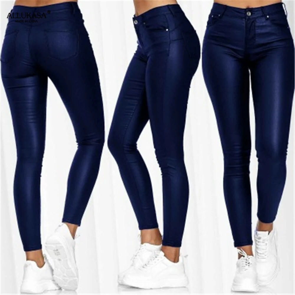 Ladies Skinny Jeans - Coated Look - High Waist - Stretch Slim Fit - Full Length - Image 3