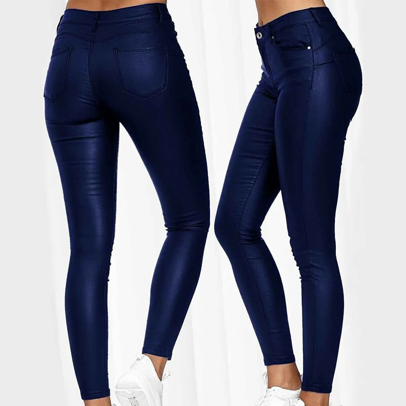 Ladies Skinny Jeans - Coated Look - High Waist - Stretch Slim Fit - Full Length - Image 4
