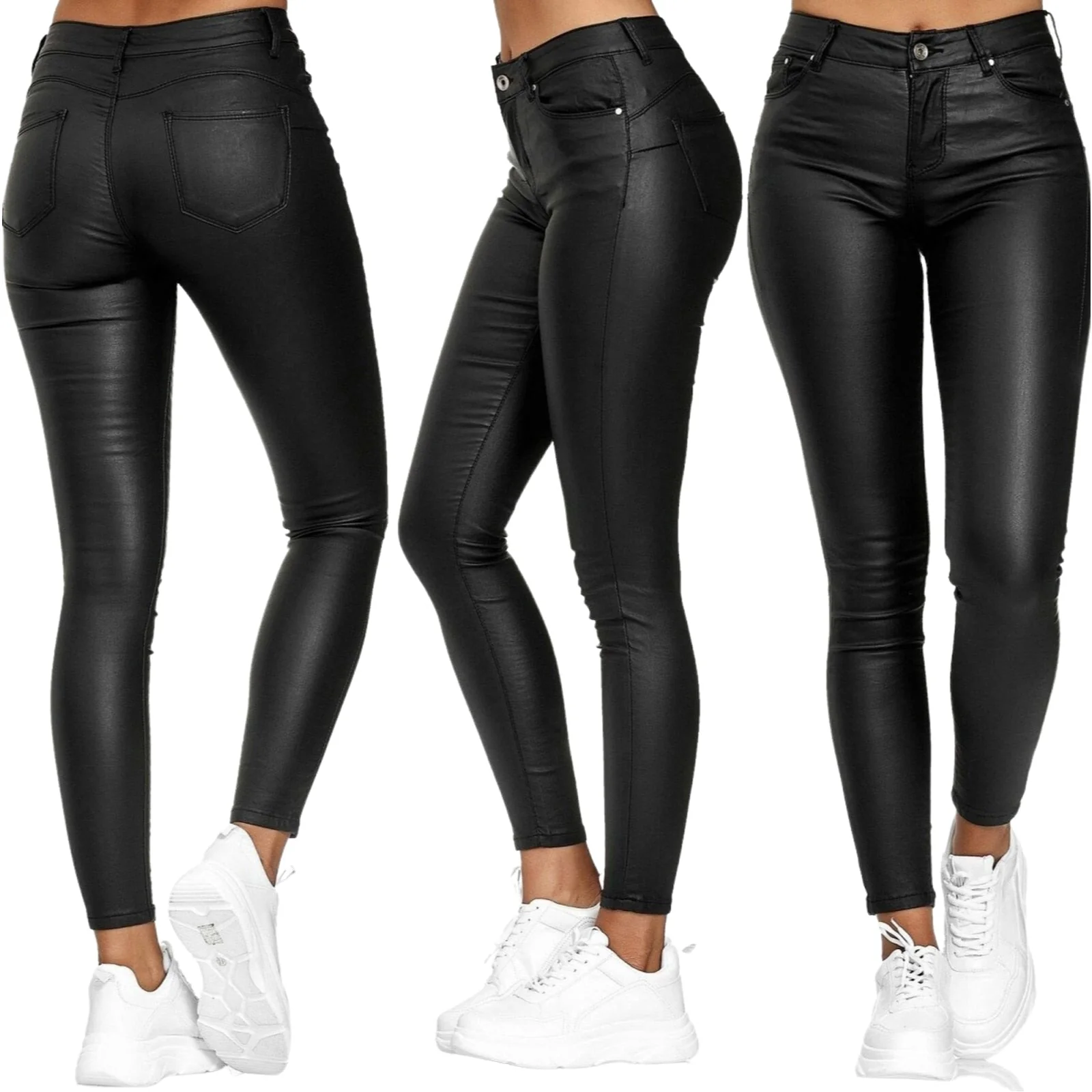 Ladies Skinny Jeans - Coated Look - High Waist - Stretch Slim Fit - Full Length - Image 9