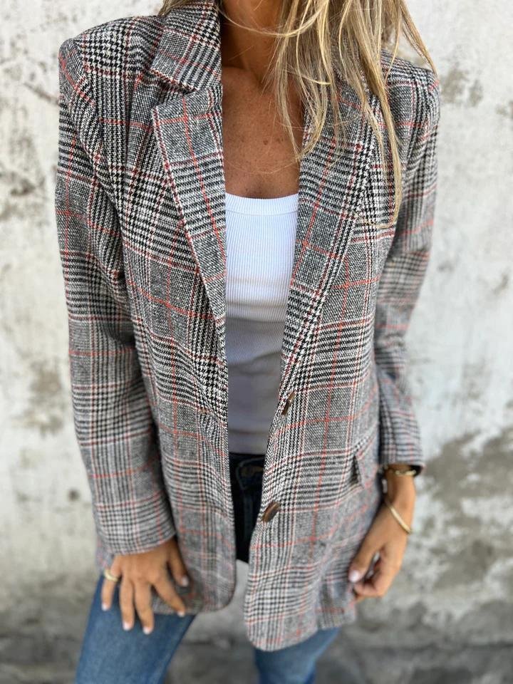 Women's Blazer - Wool Mix - Oversized Fit - Check Pattern - Single Row Buttons - Flap Pockets - Image 2