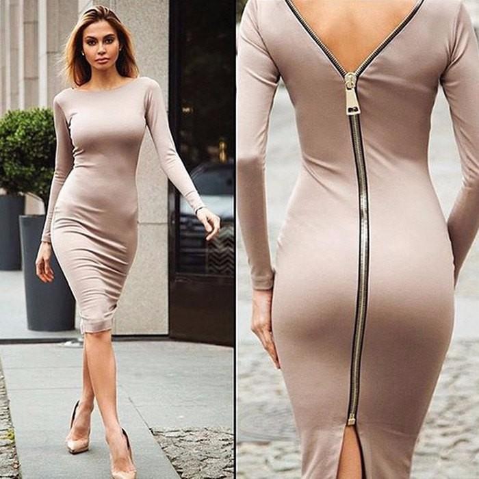 Women's Bodycon Dress - Long Sleeves - Knee-Length - Tailored Fit - Back Zipper - Image 2