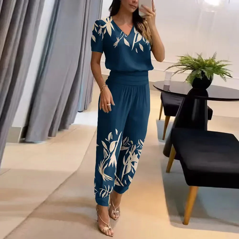 Women's Two-Piece Set – V-Neck Blouse – High Waist Joggers – Abstract Print - Image 3