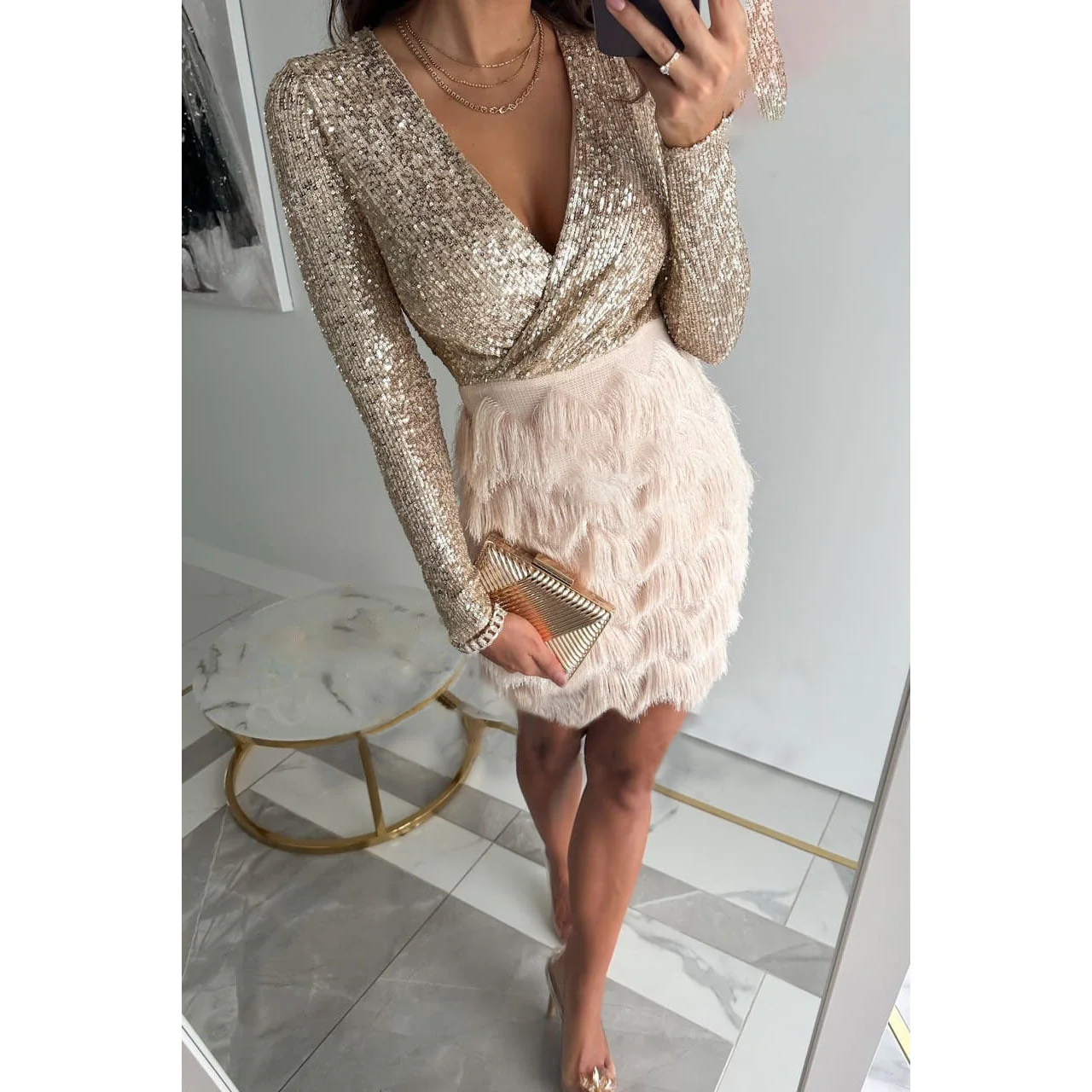 Ladies Evening Dress – Sequin Top – V-Neck – Long Sleeves – Fringe Skirt – Elegant Partywear - Image 6