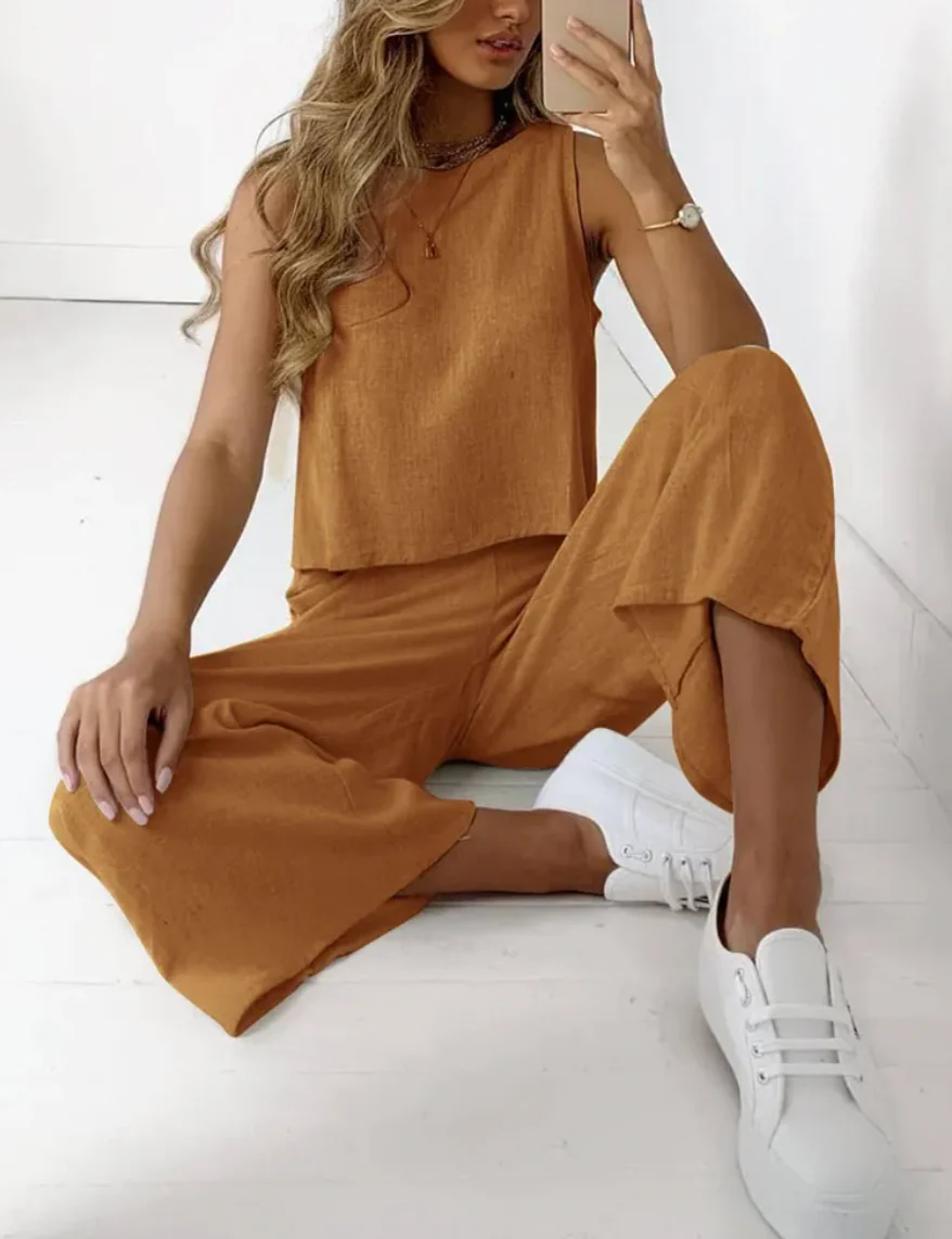 Ladies Two-Piece Set – Sleeveless Top – High Waist – Wide Legs – Linen Mix - Image 5