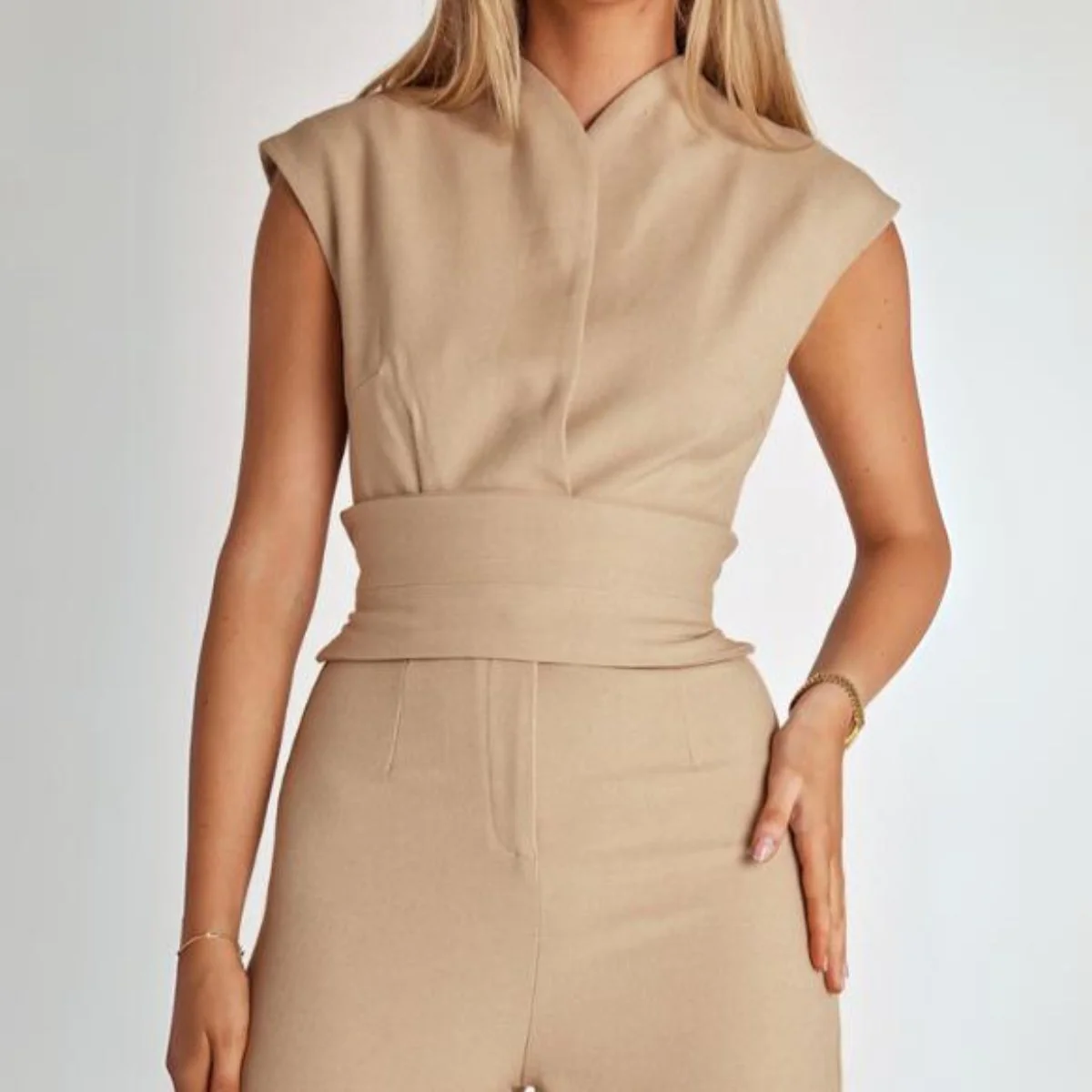 Women's Jumpsuit - Sleeveless - High Neck - Fitted - Wide Leg Elegant Fit - Image 3