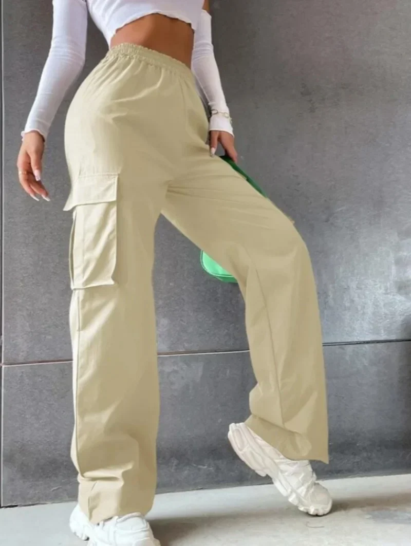 Ladies Cargo Pants - High Waist - Loose Fit - Elastic Waistband - With Side Pockets - Image 4