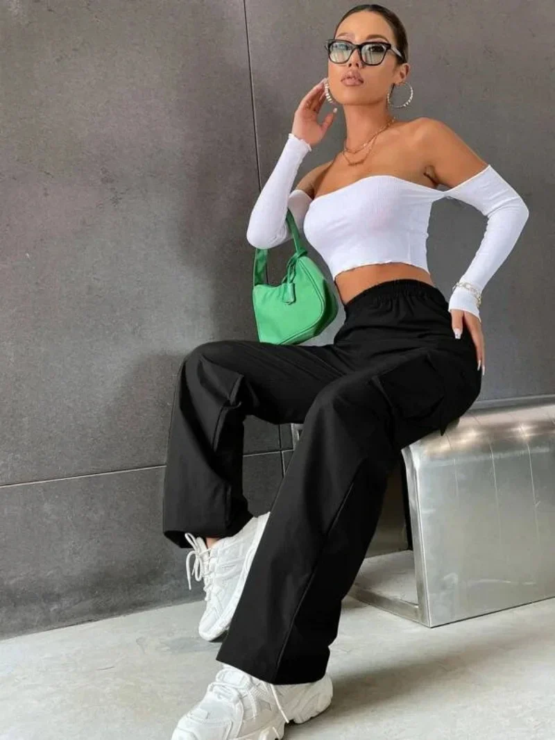 Ladies Cargo Pants - High Waist - Loose Fit - Elastic Waistband - With Side Pockets - Image 5