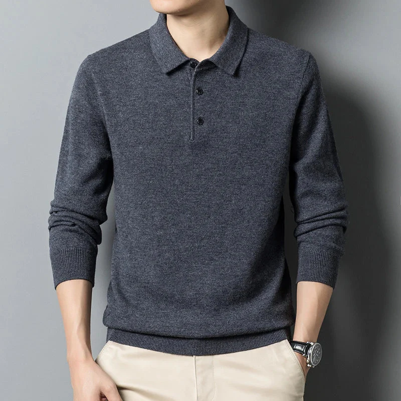 Men's Knitted Polo Sweater – Fine-knit – Regular Fit – Long Sleeves – Collar with Buttons - Image 2