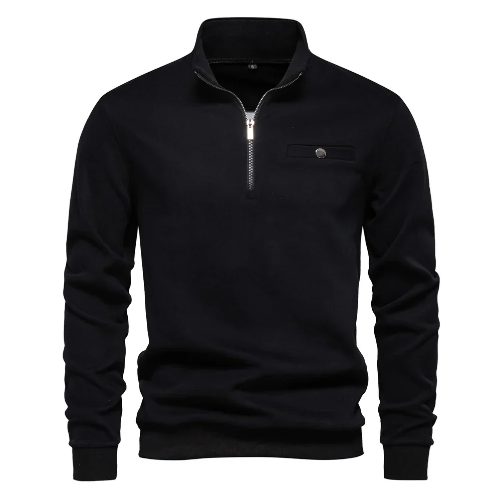 Men's Sweater - Half Zip - Cotton Blend - Ribbed Cuffs - Stand Up Collar - Chest Pocket With Button - Image 6