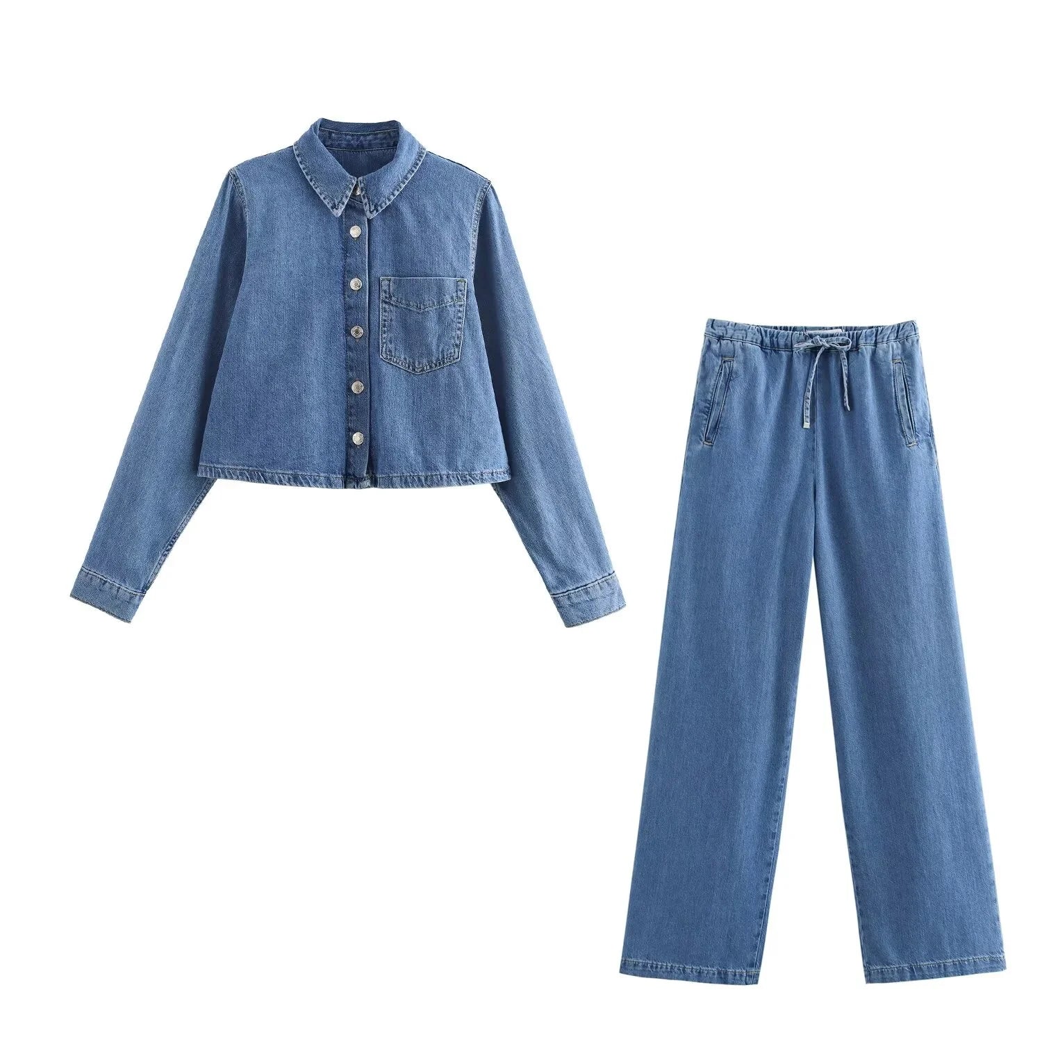 Women's Denim Set – Cropped Denim Jacket with Raw Hem – Wide Pants with Elastic Waist - Image 2