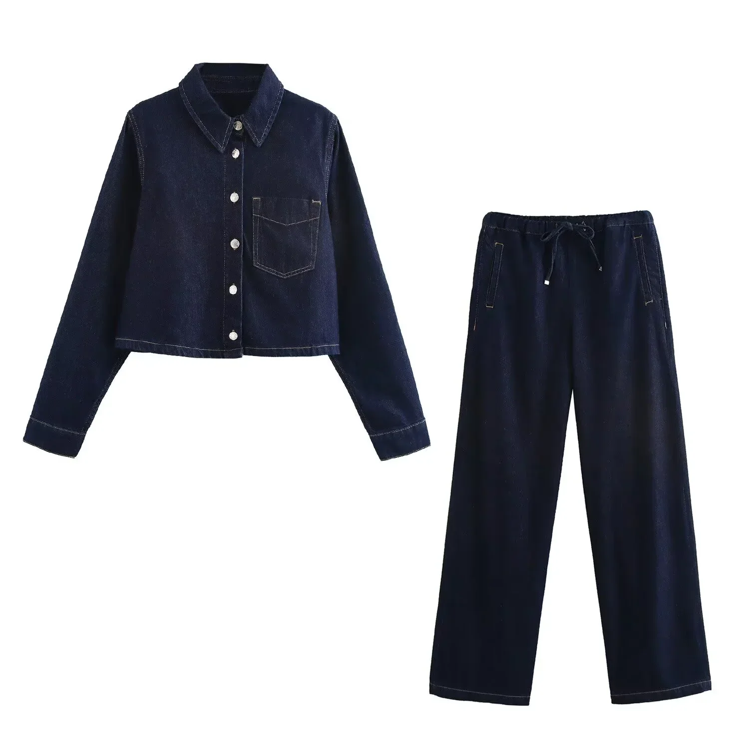 Women's Denim Set – Cropped Denim Jacket with Raw Hem – Wide Pants with Elastic Waist - Image 3