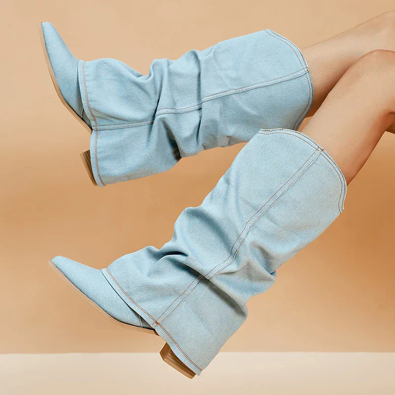 Women's Knee-High Boots - Denim - Slouchy Design - Pointed Toe - Comfortable Heel - Image 3