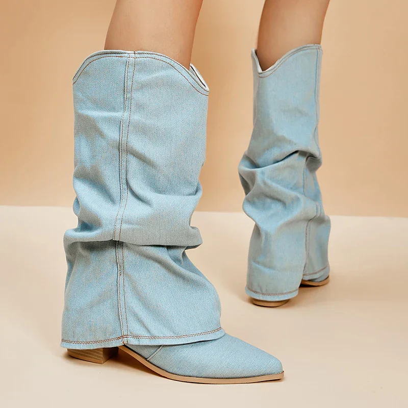 Women's Knee-High Boots - Denim - Slouchy Design - Pointed Toe - Comfortable Heel - Image 4