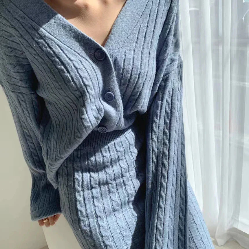 Ladies Knitted Set – Cable Pattern – V-neck Sweater and Midi Skirt – Comfortable Two-piece Suit - Image 4