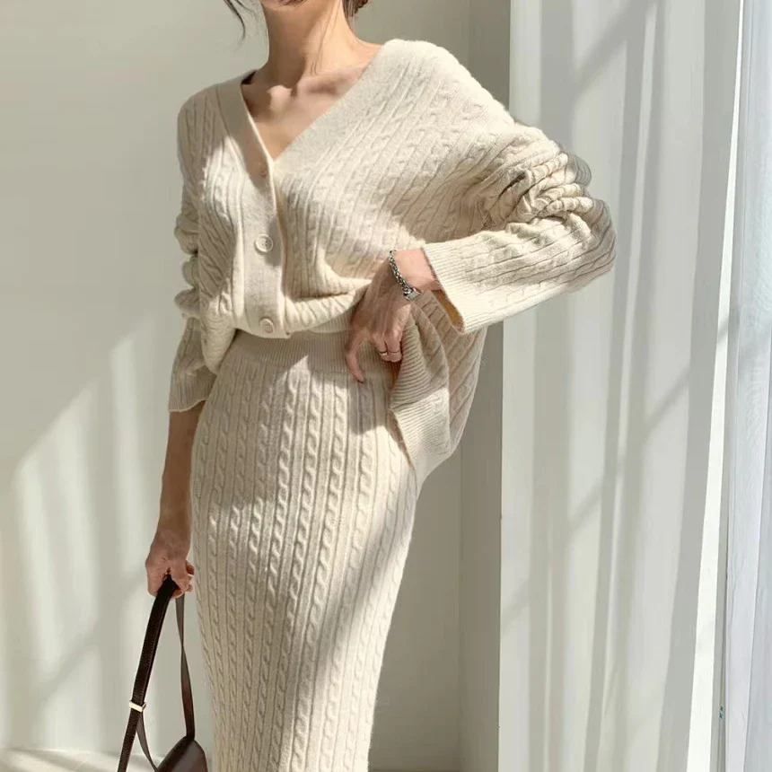 Ladies Knitted Set – Cable Pattern – V-neck Sweater and Midi Skirt – Comfortable Two-piece Suit - Image 7