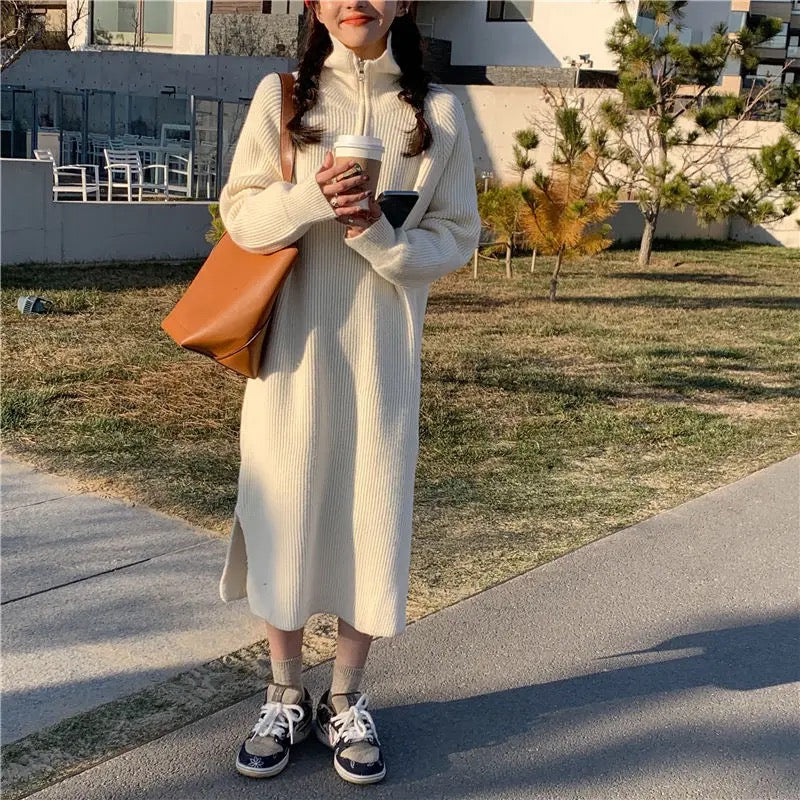 Women's Sweater Dress – Knitted – Relaxed Fit – Half Zip – High Collar – Long Sleeves - Image 3