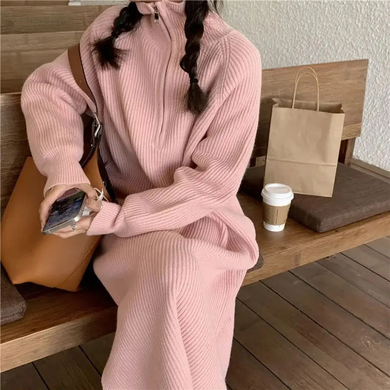 Women's Sweater Dress – Knitted – Relaxed Fit – Half Zip – High Collar – Long Sleeves - Image 5