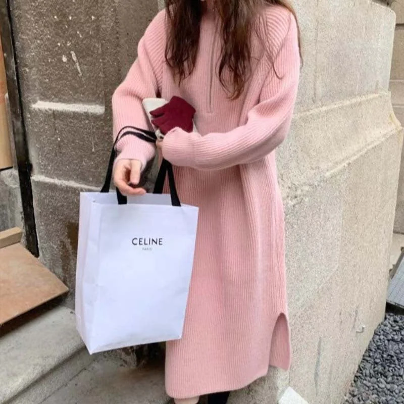 Women's Sweater Dress – Knitted – Relaxed Fit – Half Zip – High Collar – Long Sleeves - Image 6