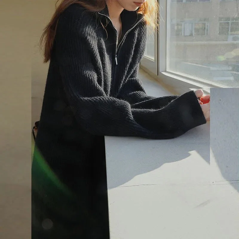 Women's Sweater Dress – Knitted – Relaxed Fit – Half Zip – High Collar – Long Sleeves - Image 8