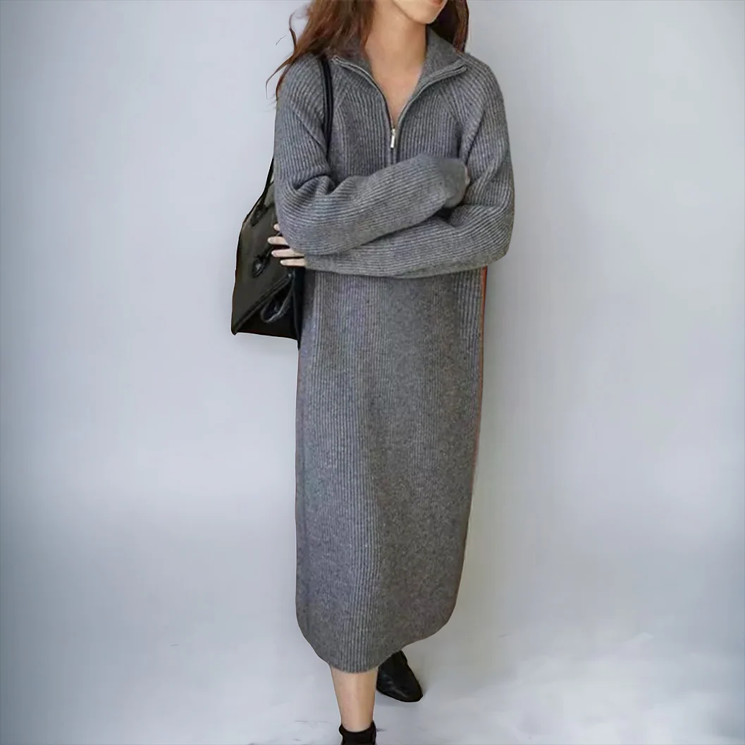 Women's Sweater Dress – Knitted – Relaxed Fit – Half Zip – High Collar – Long Sleeves - Image 9