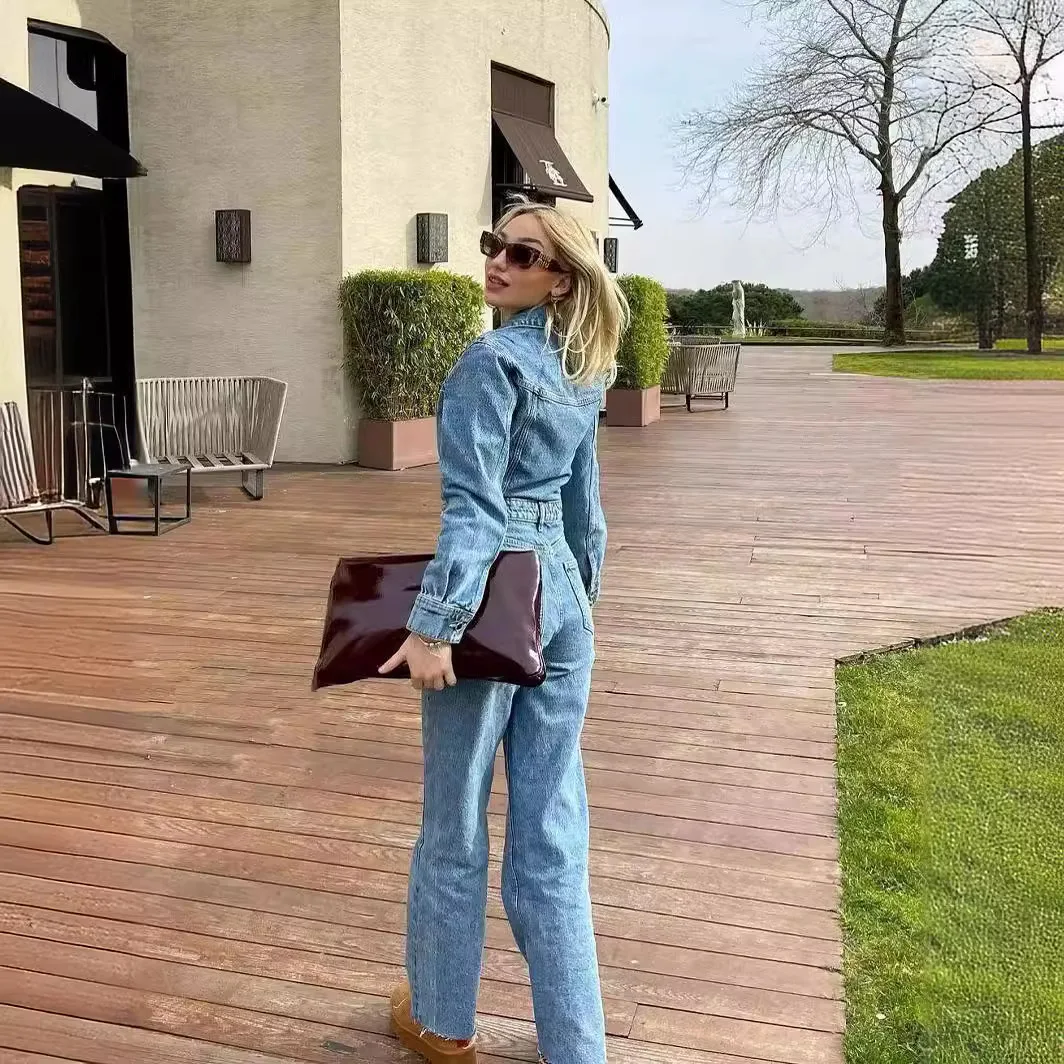 Women's Jumpsuit – Denim – Tailored Fit – Button Closure – Long Sleeves – Tapered Legs - Image 2