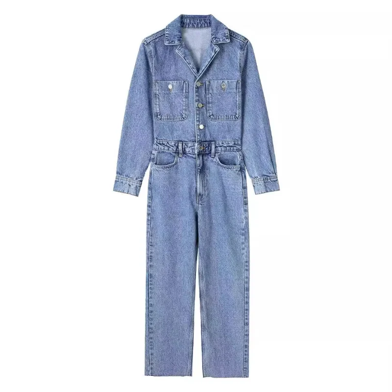 Women's Jumpsuit – Denim – Tailored Fit – Button Closure – Long Sleeves – Tapered Legs - Image 3