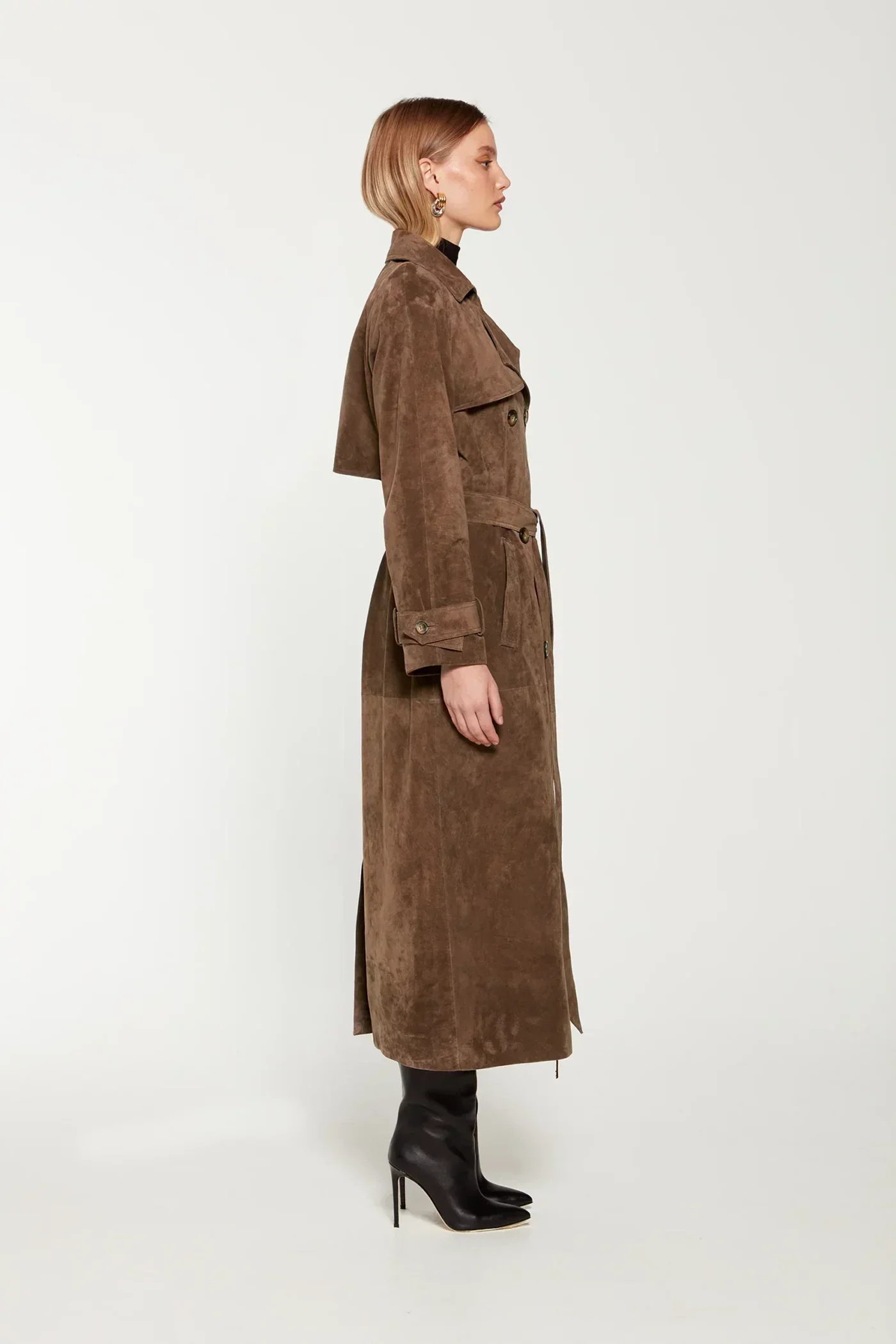 Women's Trenchcoat – Suedine – Double-Breasted – Waist Belt – Long Fit – Classic Model - Image 2