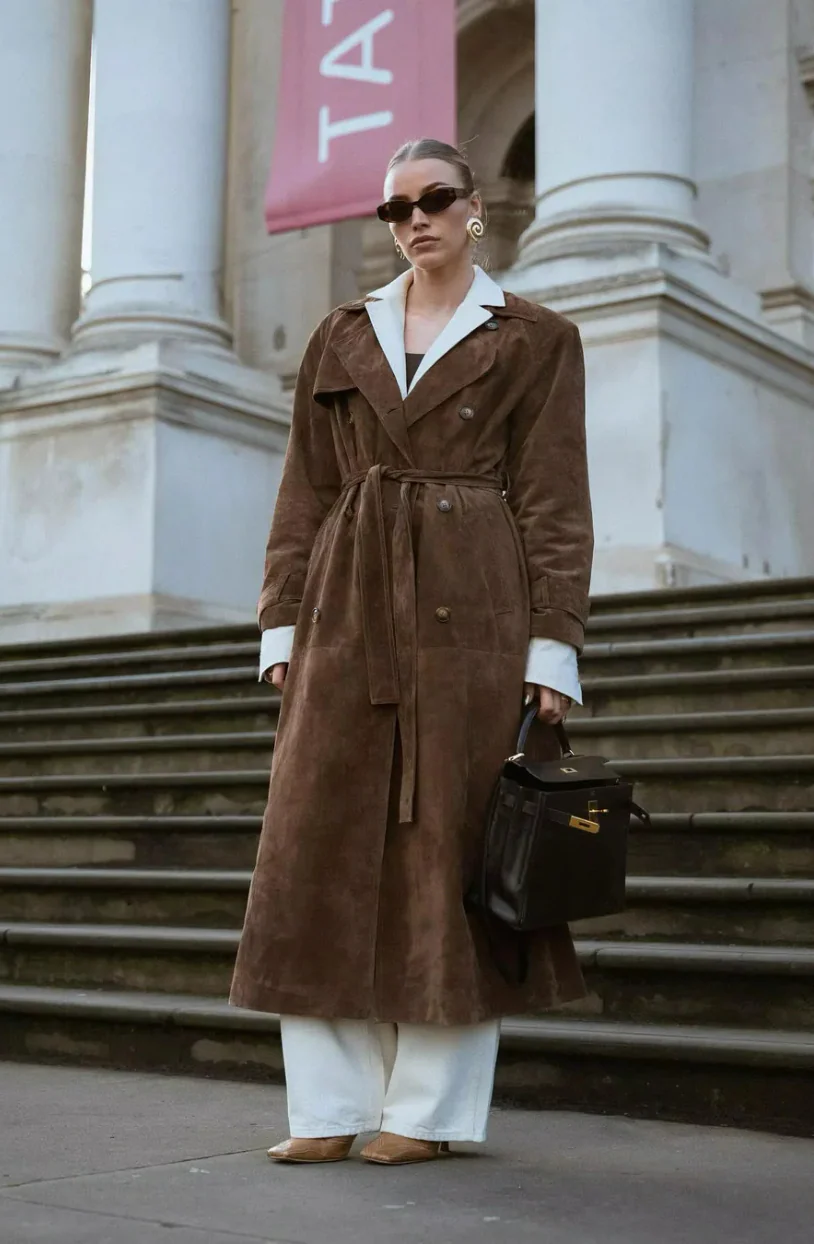 Women's Trenchcoat – Suedine – Double-Breasted – Waist Belt – Long Fit – Classic Model - Image 6