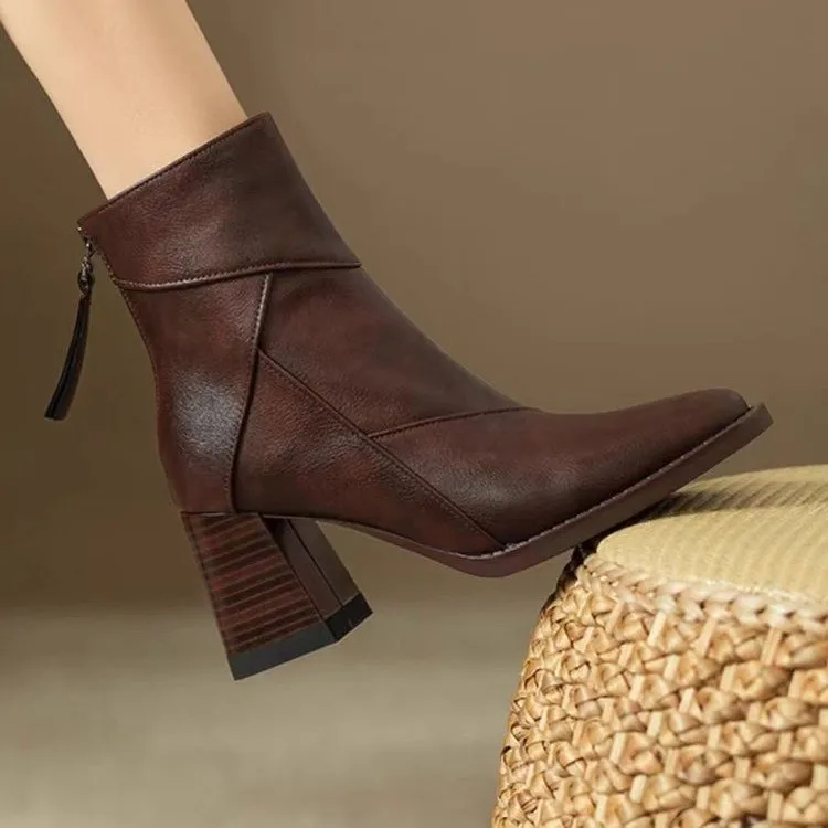 Women's Ankle Boots - Pointed Toe - Block Heel - Zipper Closure - Elegant Leather Look - Image 4