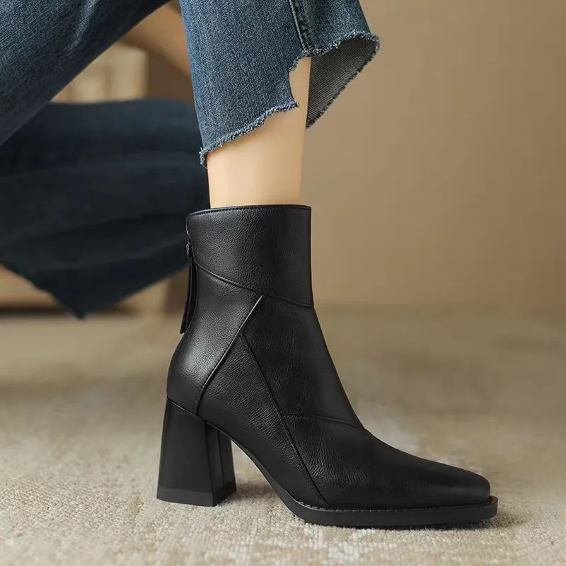 Women's Ankle Boots - Pointed Toe - Block Heel - Zipper Closure - Elegant Leather Look - Image 5