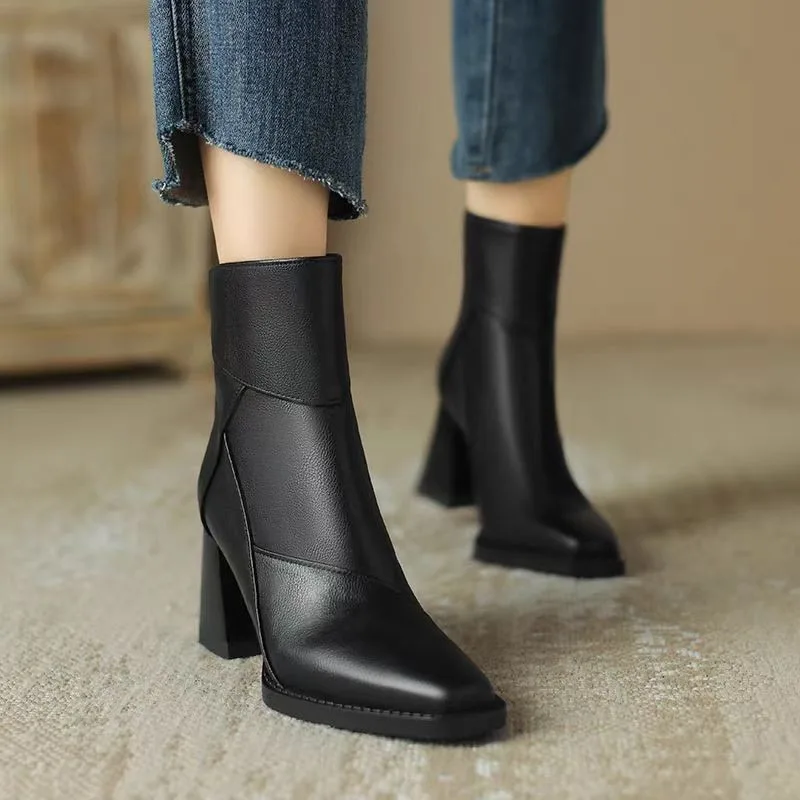 Women's Ankle Boots - Pointed Toe - Block Heel - Zipper Closure - Elegant Leather Look - Image 6