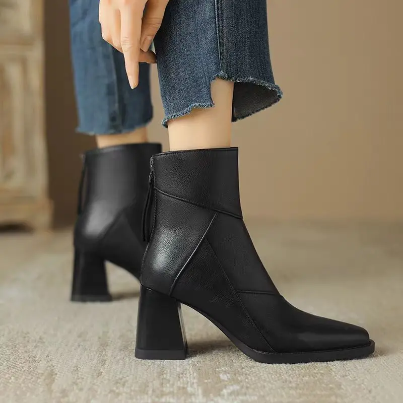 Women's Ankle Boots - Pointed Toe - Block Heel - Zipper Closure - Elegant Leather Look - Image 8