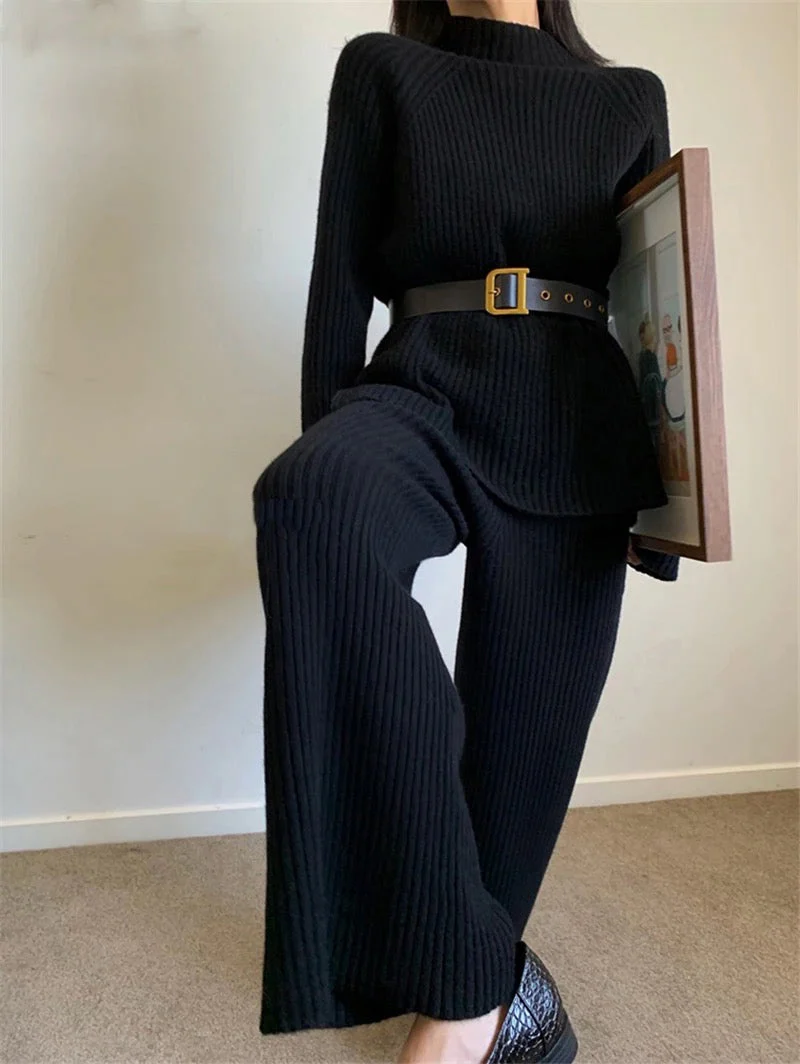 Women's Lounge Set – Ribbed Knit – Relaxed Fit – Sweater with Turtleneck – Straight Pants - Image 10