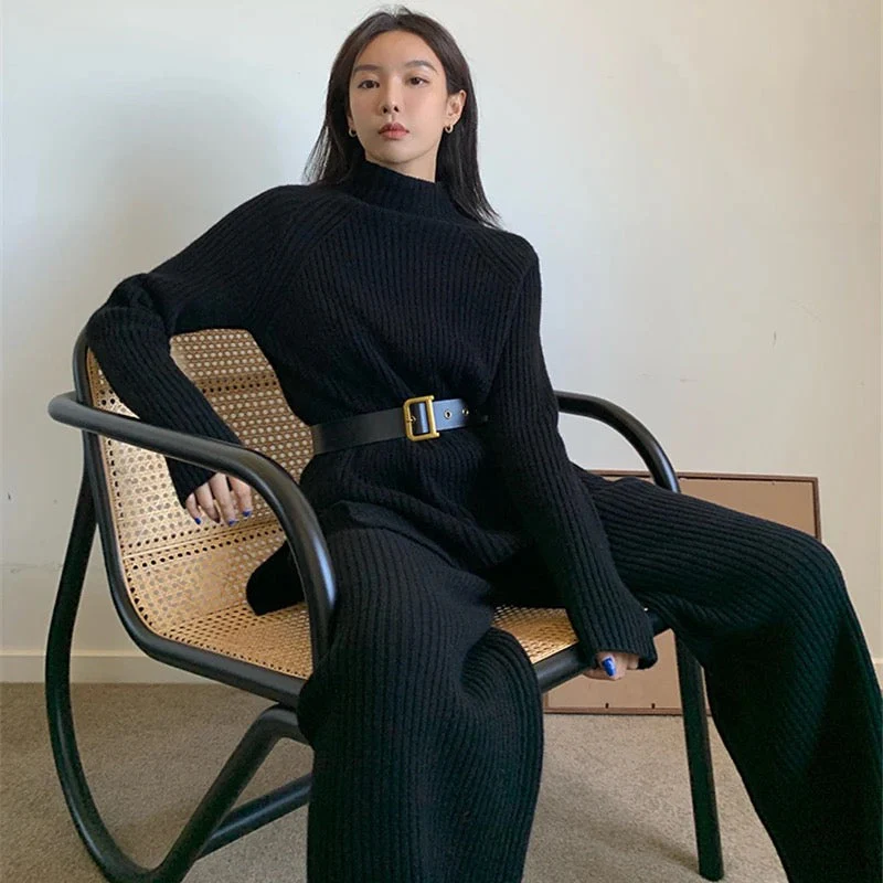 Women's Lounge Set – Ribbed Knit – Relaxed Fit – Sweater with Turtleneck – Straight Pants - Image 11