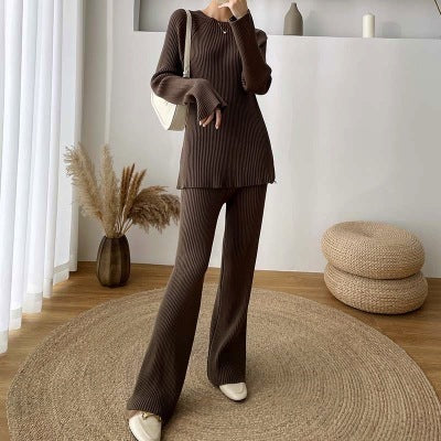 Women's Lounge Set – Ribbed Knit – Relaxed Fit – Sweater with Turtleneck – Straight Pants - Image 12
