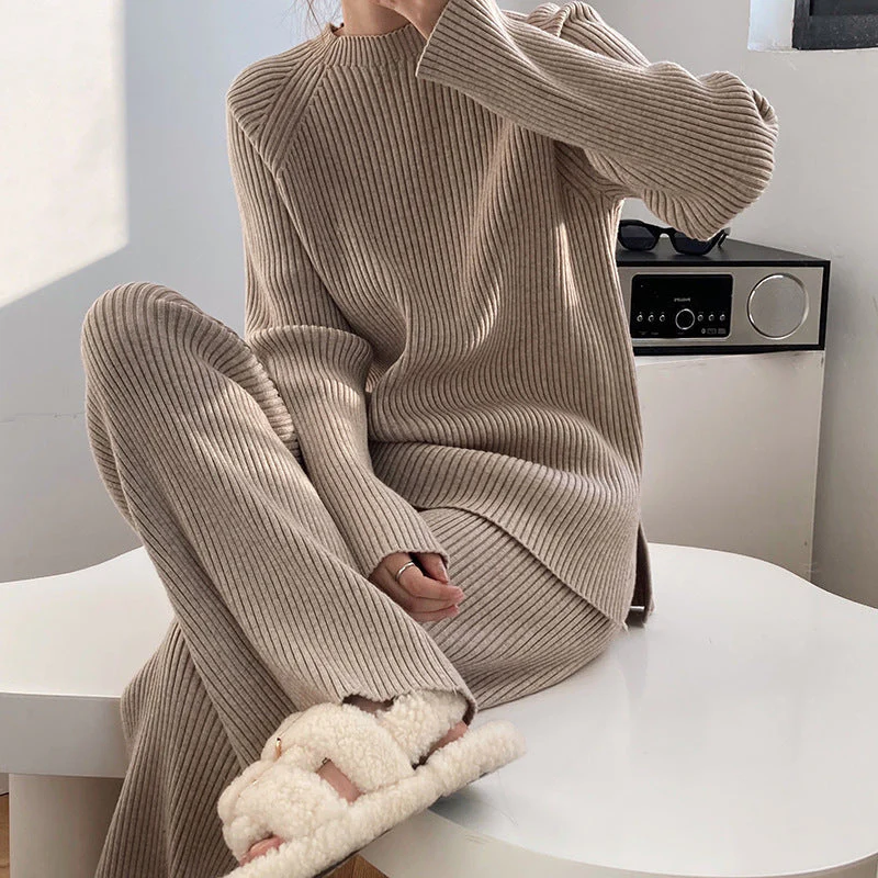 Women's Lounge Set – Ribbed Knit – Relaxed Fit – Sweater with Turtleneck – Straight Pants - Image 14