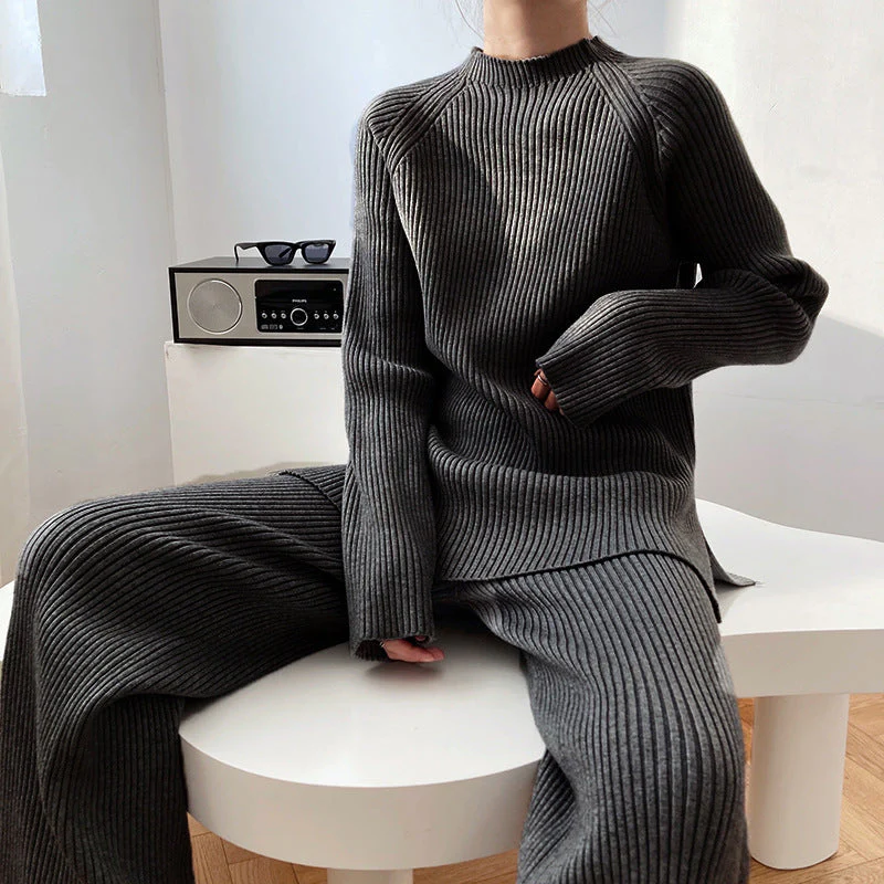 Women's Lounge Set – Ribbed Knit – Relaxed Fit – Sweater with Turtleneck – Straight Pants - Image 16