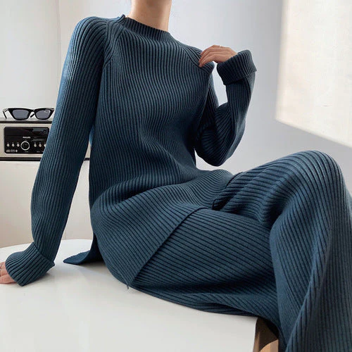 Women's Lounge Set – Ribbed Knit – Relaxed Fit – Sweater with Turtleneck – Straight Pants - Image 9
