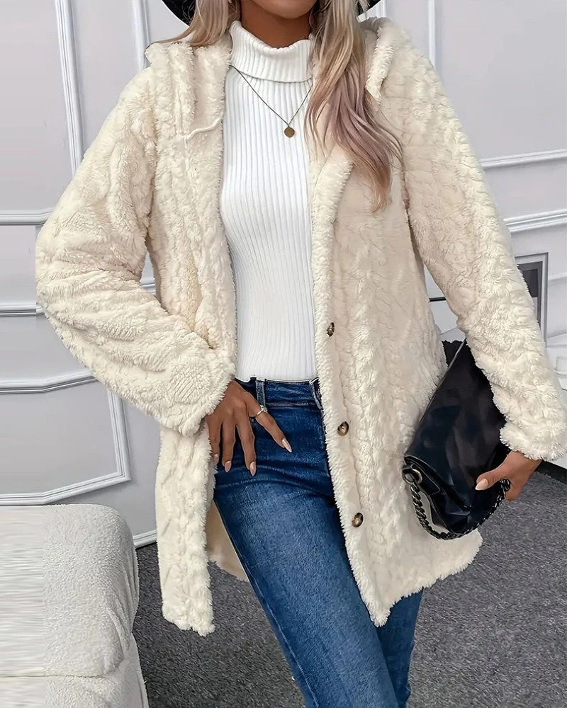 Women's Jacket - Faux Fur - Relaxed Fit - With Hood and Button Detail - Image 3