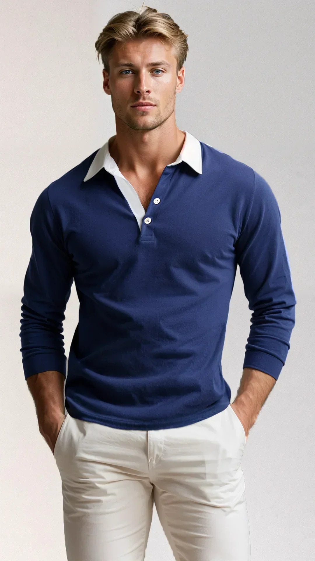 Men's Polo Shirt - Long Sleeves - Contrast Collar - Breathable Cotton - Slim Fit