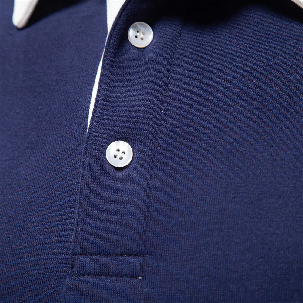 Men's Polo Shirt - Long Sleeves - Contrast Collar - Breathable Cotton - Slim Fit - Image 3